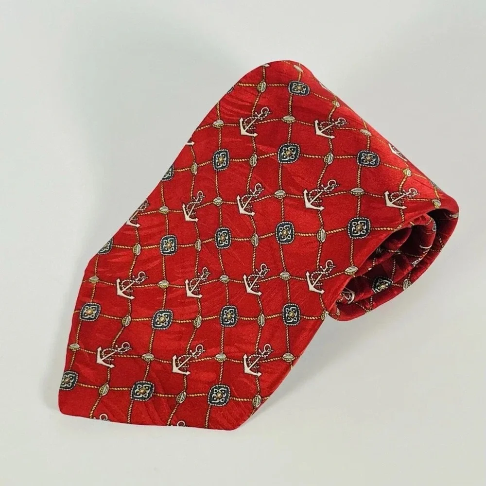 Cromley & Finch 100%‎ Silk Tie Dark Red W/Anchors & Gold Rigging Nautical 3.75